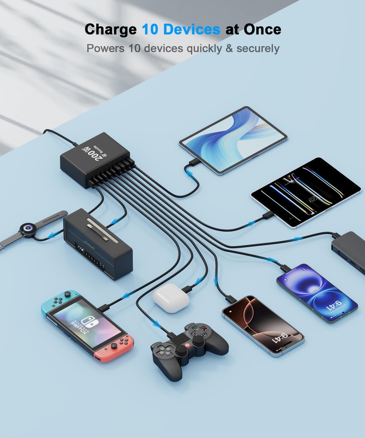 USB C Charging Station 10 Port with 4 Cables,200W GaN Type C Charger Block,Wall Charger Power Strip Adapter Plug for iPad iPhone17 16 15 14 13 12 Pro Max Pixel Note Galaxy - Image 4