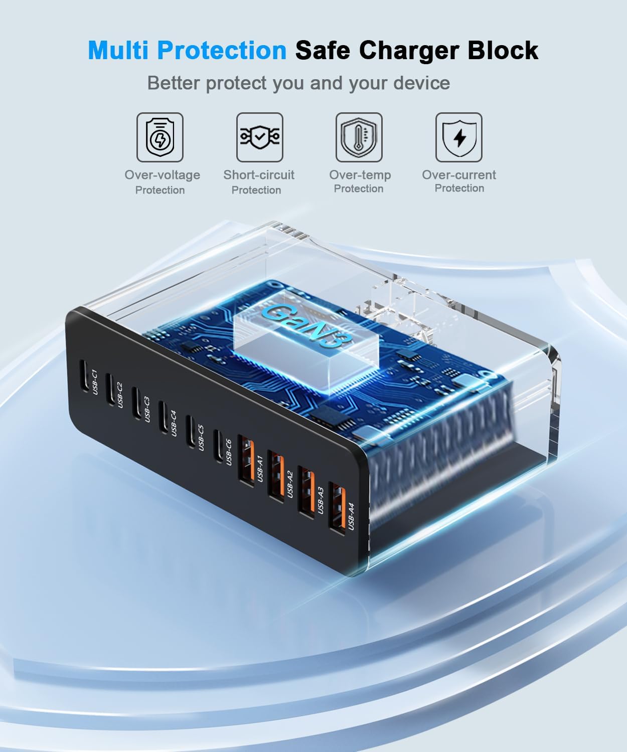 USB C Charging Station 10 Port with 4 Cables,200W GaN Type C Charger Block,Wall Charger Power Strip Adapter Plug for iPad iPhone17 16 15 14 13 12 Pro Max Pixel Note Galaxy - Image 5