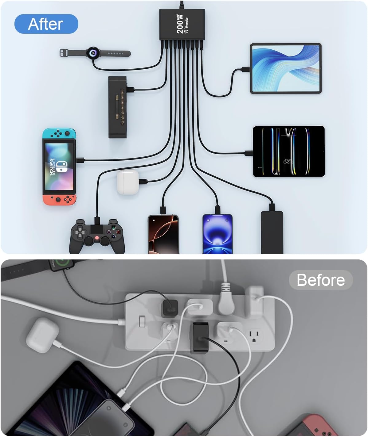 USB C Charging Station 10 Port with 4 Cables,200W GaN Type C Charger Block,Wall Charger Power Strip Adapter Plug for iPad iPhone17 16 15 14 13 12 Pro Max Pixel Note Galaxy - Image 6