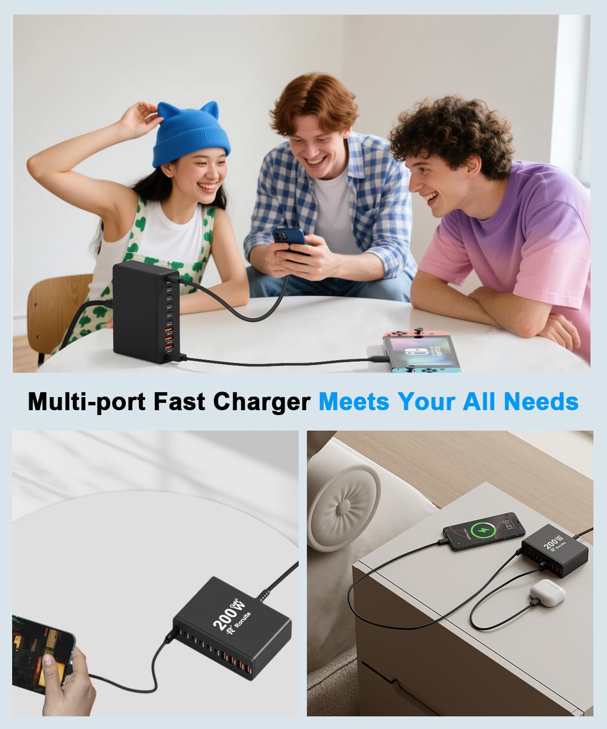 USB C Charging Station 10 Port with 4 Cables,200W GaN Type C Charger Block,Wall Charger Power Strip Adapter Plug for iPad iPhone17 16 15 14 13 12 Pro Max Pixel Note Galaxy - Image 7